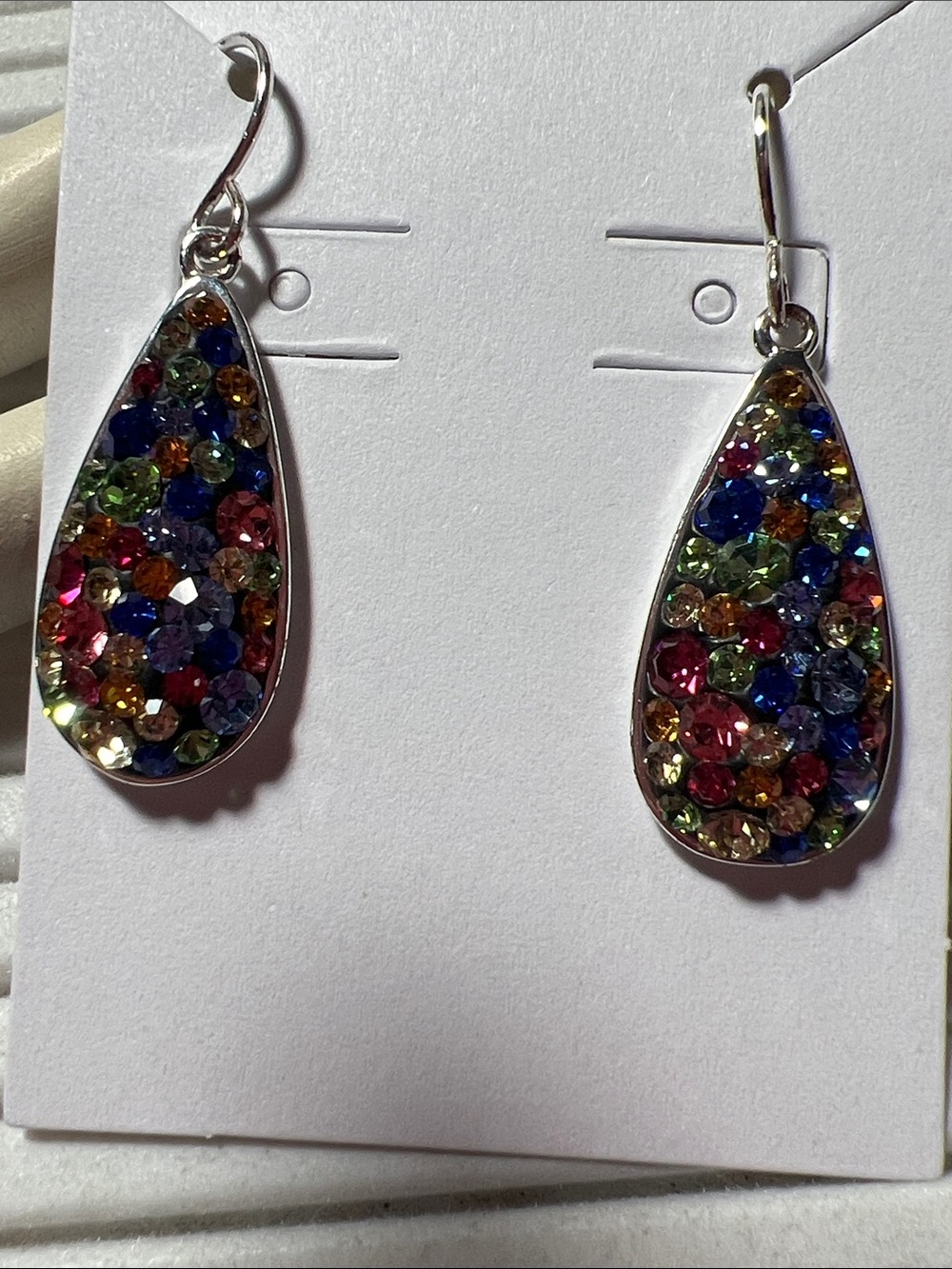 Silver Teardrop Dangle Earrings with Multicolor Crystals